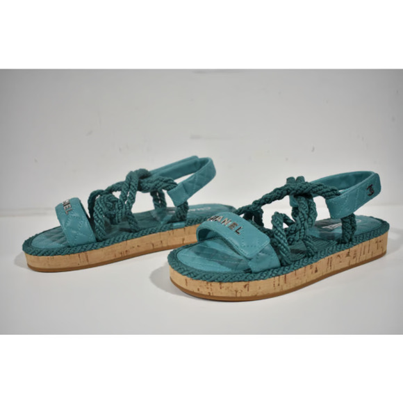 Chanel 21S Dad Green Blue Cord Rope CC Quilted Mule Ankle Strap Sandal Flat 40 - Picture 3 of 12